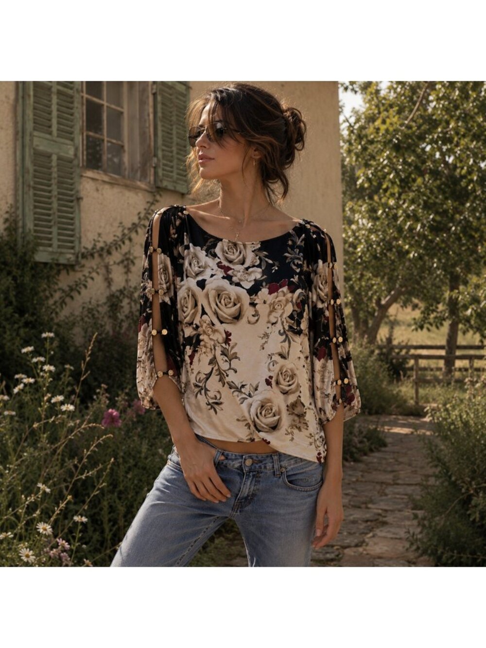 vtg White House Black Market silk floral cold shoulder button blouse